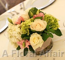 RF0346-Romantic Low Green, Ivory and Pink Centerpiece