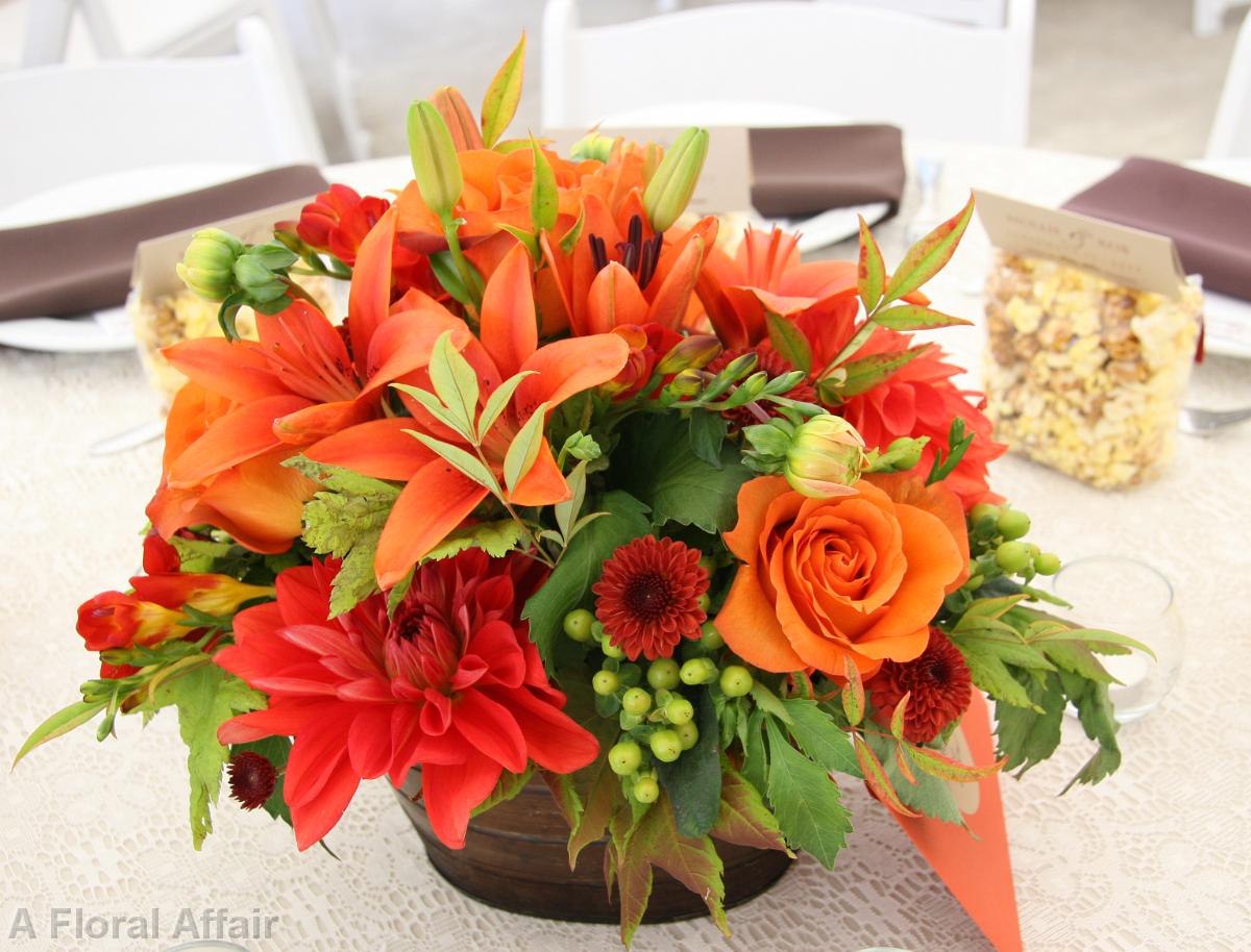 RF0519-Orange and Green, Low Fall Rustic Centerpiece