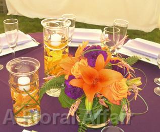 RF0863-Whimisical Moderm Orange and Purple Centerpiece with Candle Accent