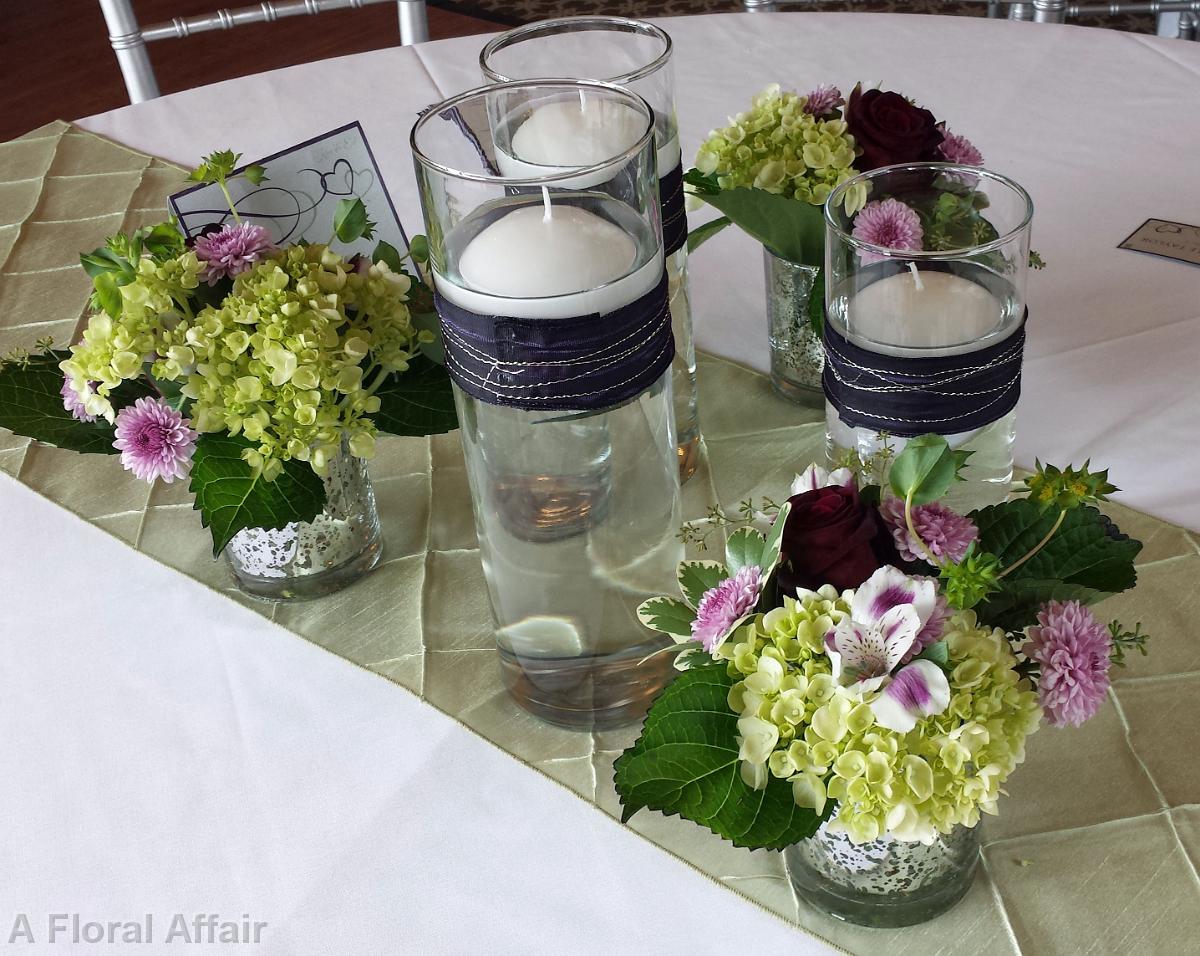 RF1207-Wine, Purple and Green Flower and Candle Holder Centerpiece
