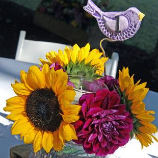 RF059-Sunflower, Dahlia and Candle Centerpiece1