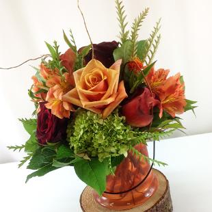RF0608-Rustic Low Burgundy and Bronz Centerpiece
