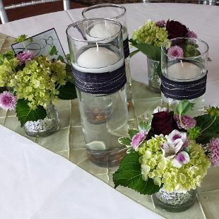 RF1207-Wine, Purple and Green Flower and Candle Holder Centerpiece