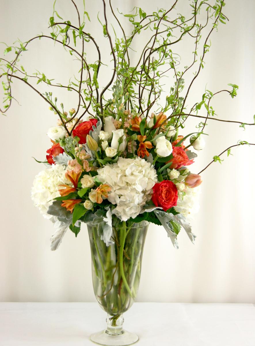 RF1077-Coral, White and Green Woodland Natural Tall Centerpiece