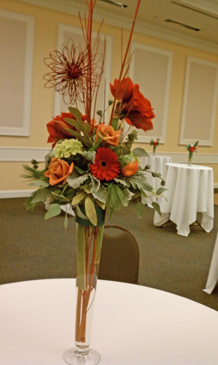RF1109-Rust Orange and Green, Edgy Whimsical Tall Centerpiece