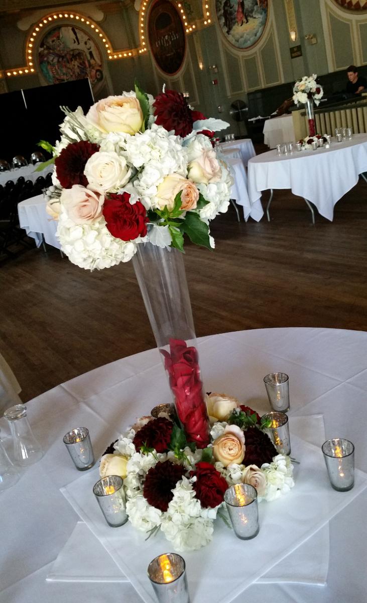 RF1238-Romantic Tall Wedding Centerpiece With Roses and Hydrangea