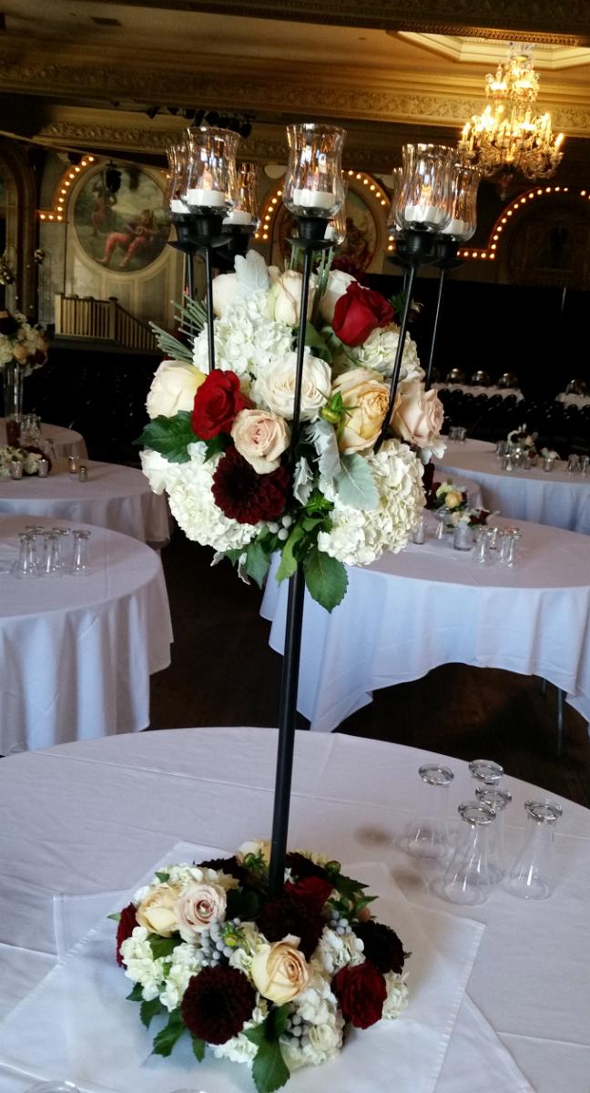 RF1241-Romantic and Elegant Burgand and White, Tall Candelabra Centerpiece