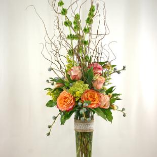 RF1072-Apricot and Green Garden Chic Tall Centerpiece