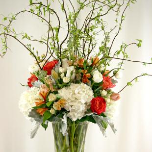RF1077-Coral, White and Green Woodland Natural Tall Centerpiece