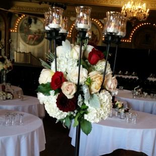 RF1241-Romantic and Elegant Burgand and White, Tall Candelabra Centerpiece