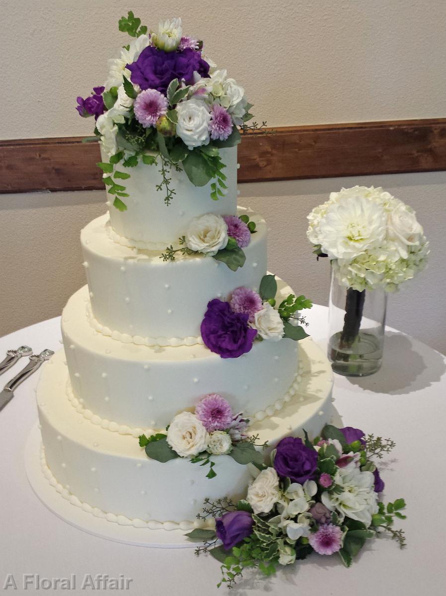 CA0155-White Cake with Cascading Purple and White Flowers