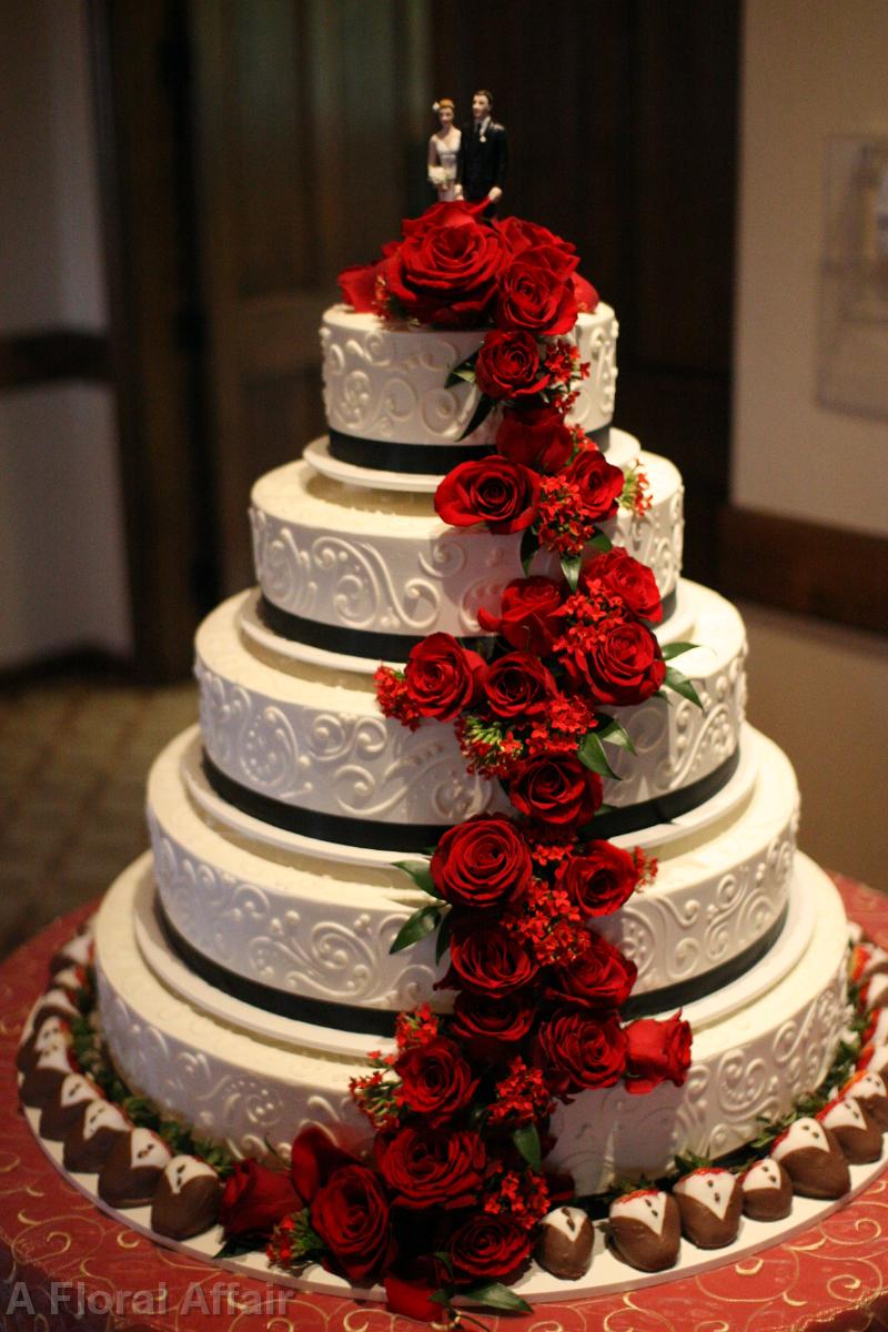 CA0164-Wedding Cake with Red Roses Cascading Down Cake