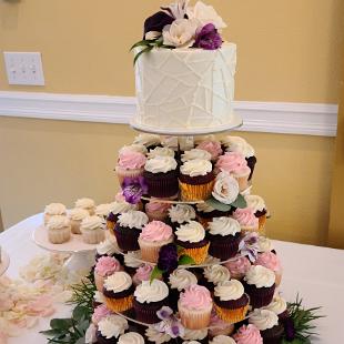 CA0209-Wedding Cake and Cupcake Tower in Blush, White and Plum
