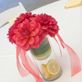 RF0427-Watermelon Dahlia and Lemon Centerpiece