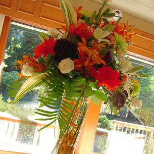 RF0934-Orange, Green, and White, Elegant Tropical Tall Centerpiece