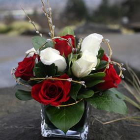 RF0369-Red and White Centerpiece with Miniture Pussy Willow