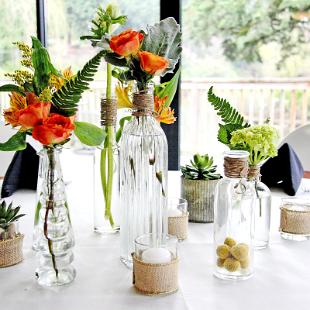 RF0544-Orange and Green Vintage Bottle Centerpiece with Burlap