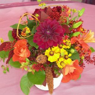 RF0779-Rustic Garden, Burgundy, Orange, and Yellow Fall Centerpiece