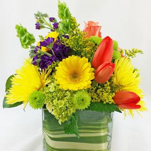 RF1127-Bright Yellow, Orange, Green and Purple Fun Summer Low Centerpiece