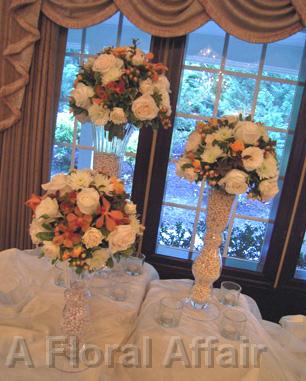 RF0966-Peach, apricot and Ivory Sophisticated Garden Tall Centerpiece with Pearl Accent