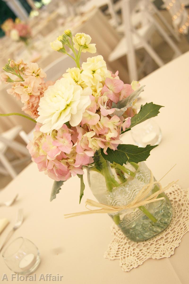 RF0512-Low Mason Jar with lace Centerpiece