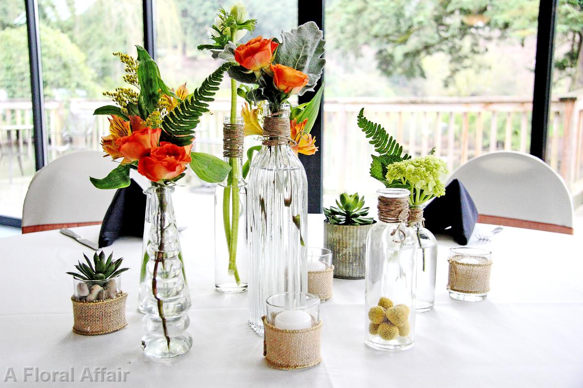 RF0544-Orange and Green Vintage Bottle Centerpiece with Burlap