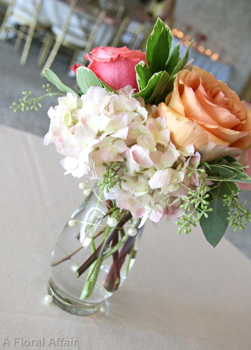 RF0574-Romantic Pink, coral and Apricot Bistro ArrangementJPG