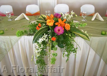 RF0944-Tropical, Orange, Pink, White, and Grren Head Table Centerpiece