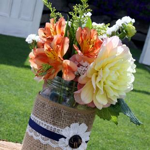 RF0592-Burlap and Lace Covered Mason Jar in Coral, Apricot and Navy Blue