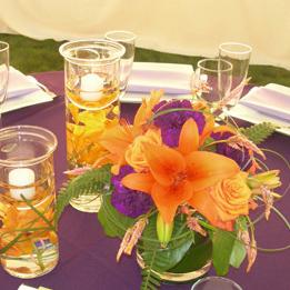 RF0863-Whimisical Moderm Orange and Purple Centerpiece with Candle Accent