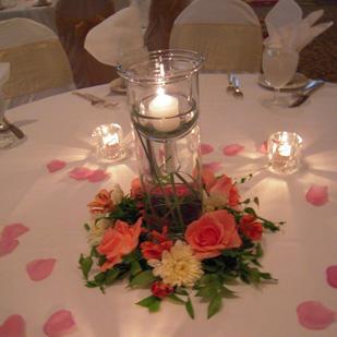 RF0922-Graceful Garden, Peach and White Centerpiece with Candle Accent