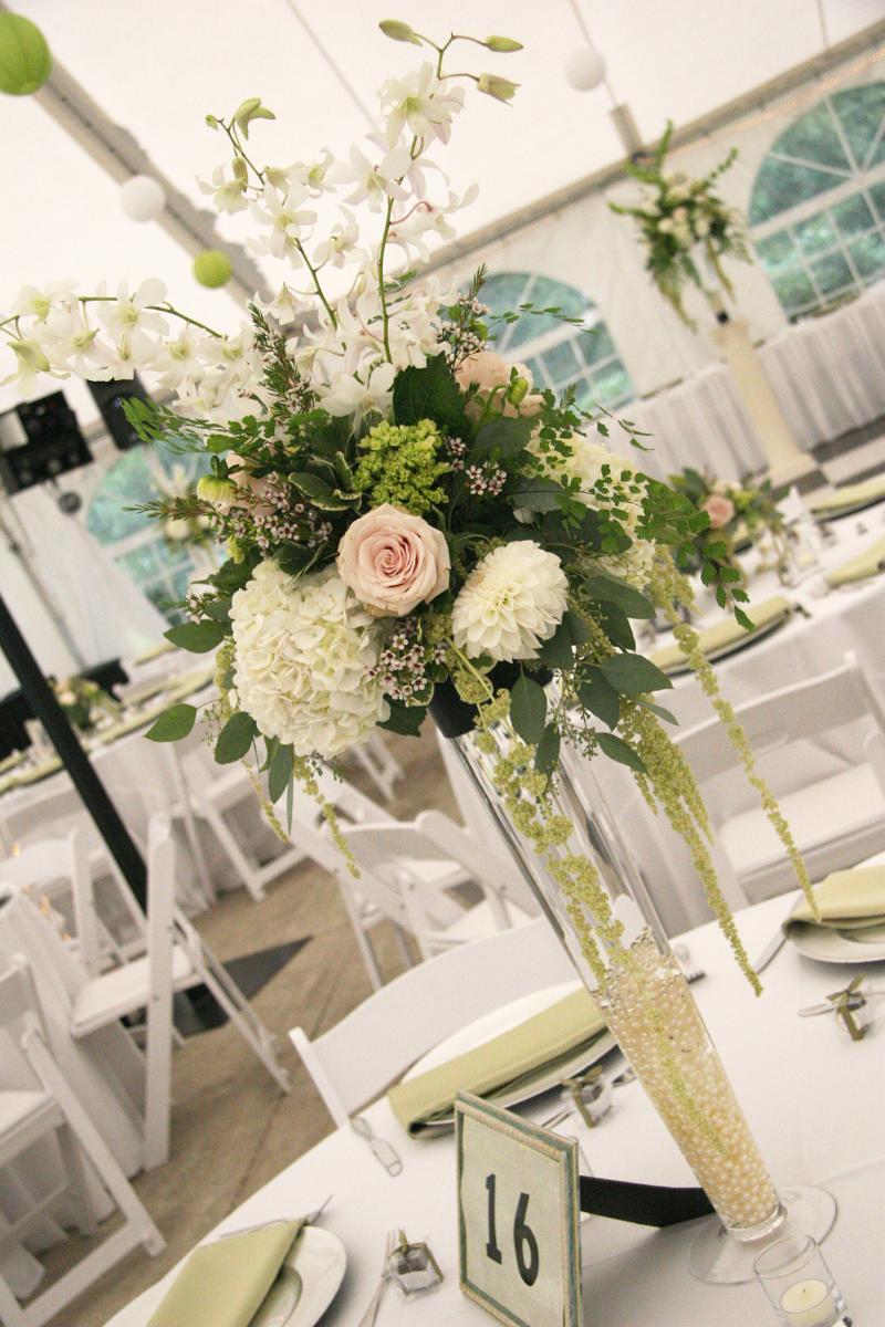 RF1102-Blush Pink, Green, and White, Romantic Garden Tall Centerpiece with Pearls