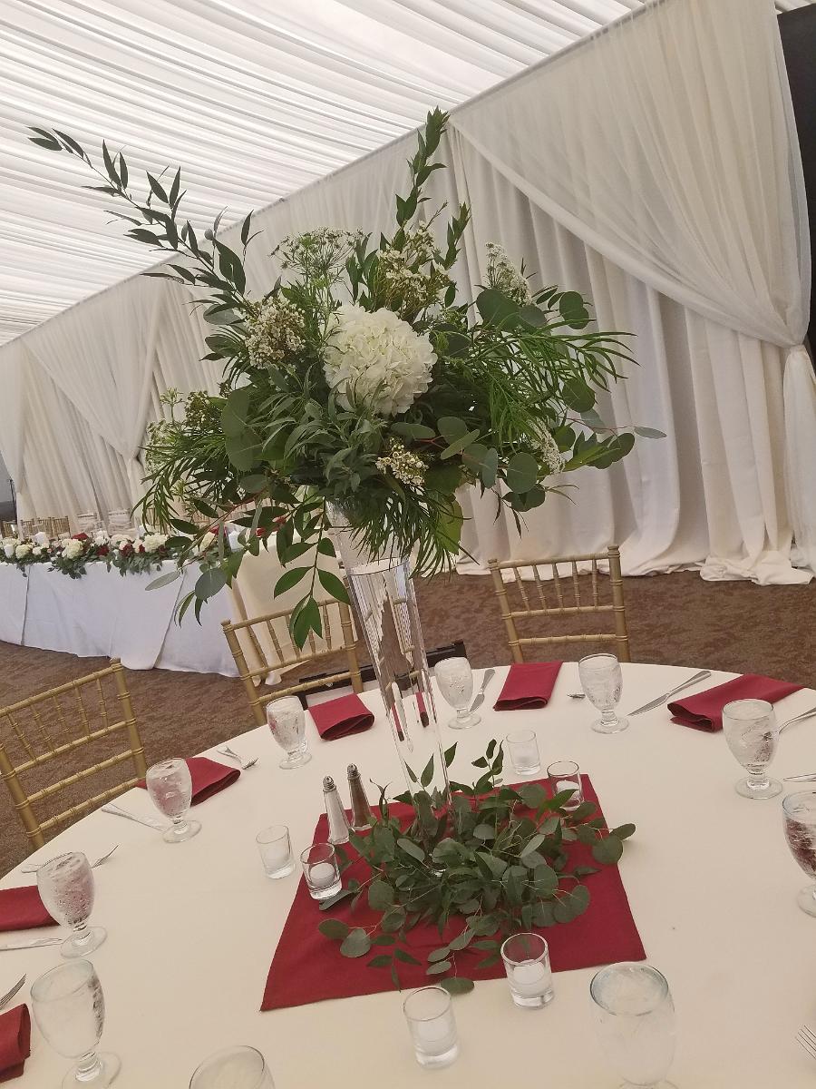 RF1450-Tall Centerpiece with Greenery and A Few White Flowers