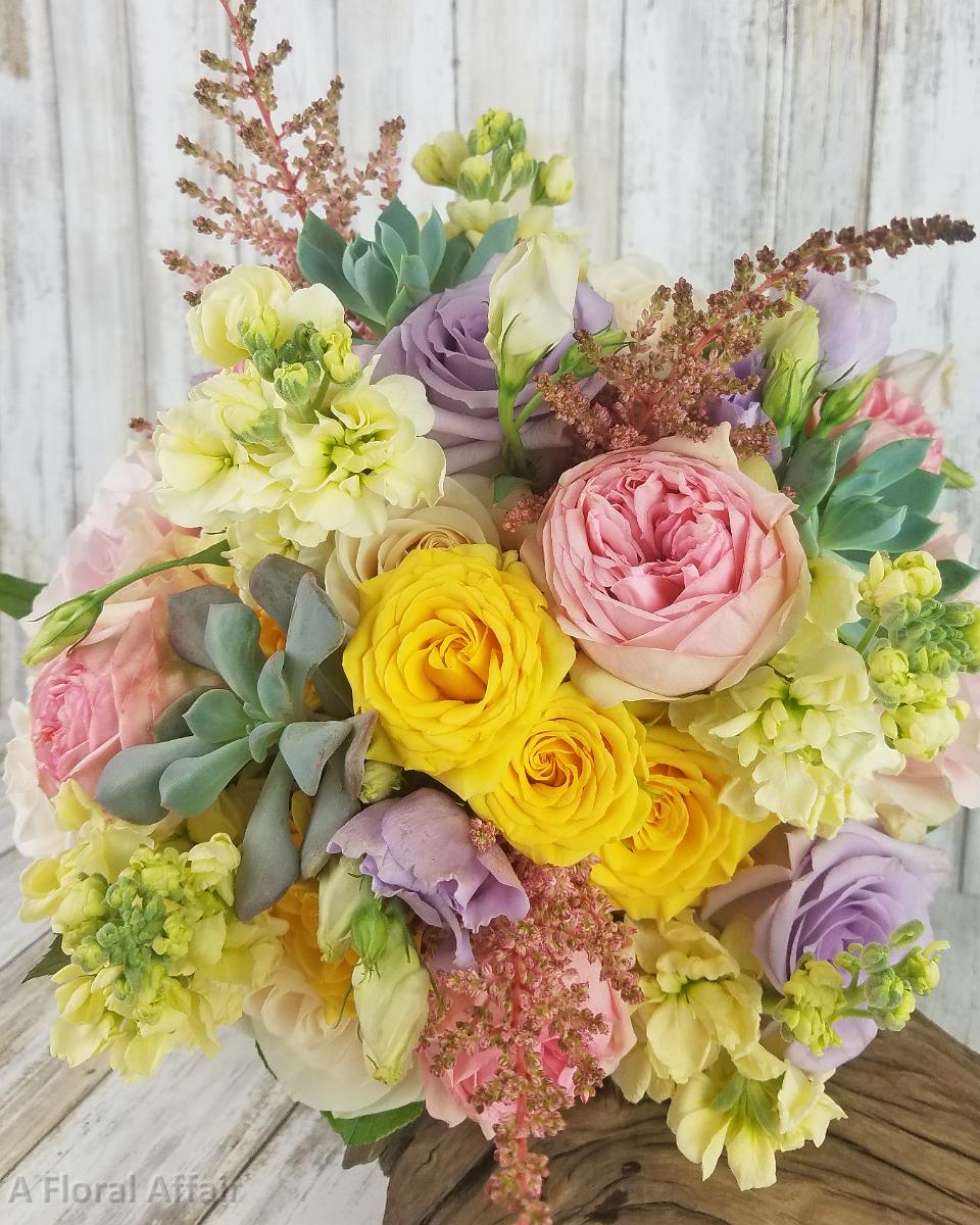 BB1440-Spring Pink, Yellow and Lavender Brides Bouquet