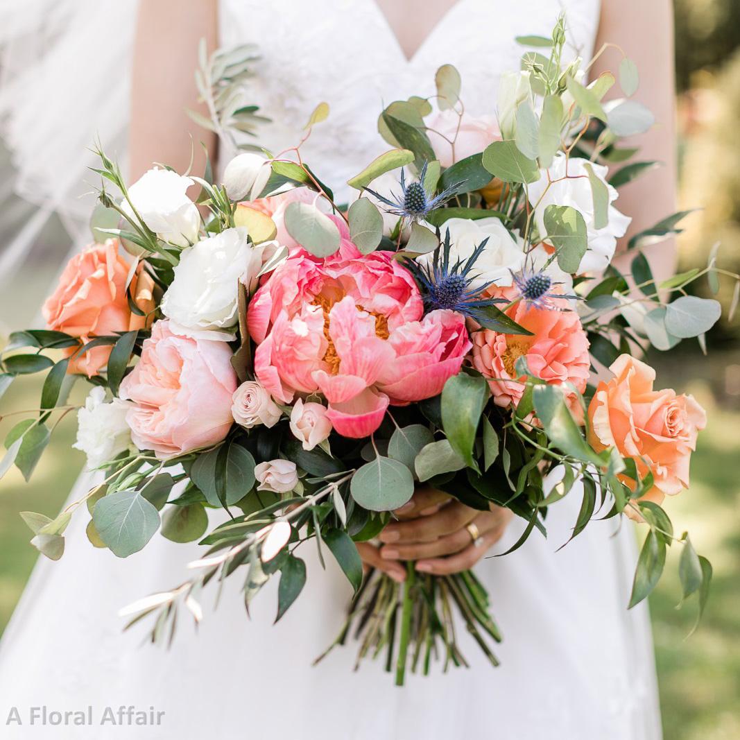 BB1643-Coral Peony, Petal Pink and Steel Blue Brides Bouquet