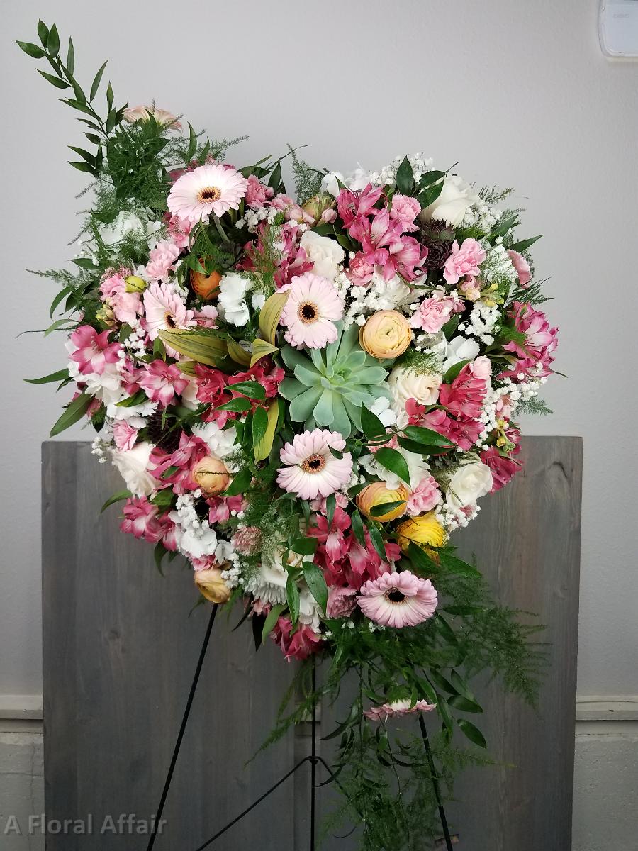 SY0067- Pink and Orange Flowers with Succulents on Heart Shaped Funeral Spray