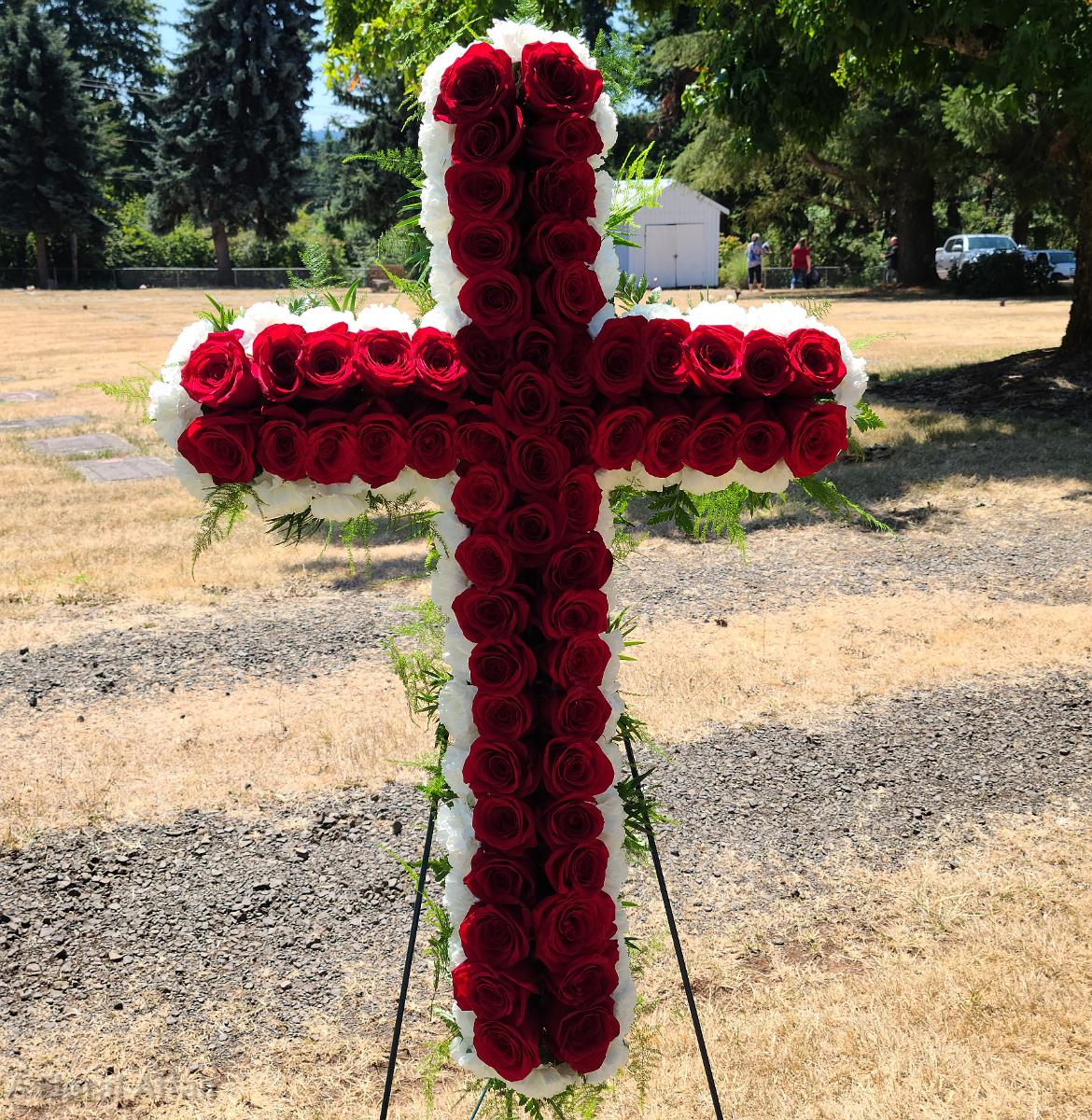 SY0075- 60 Red Roses on a Cross Easle Spray-1