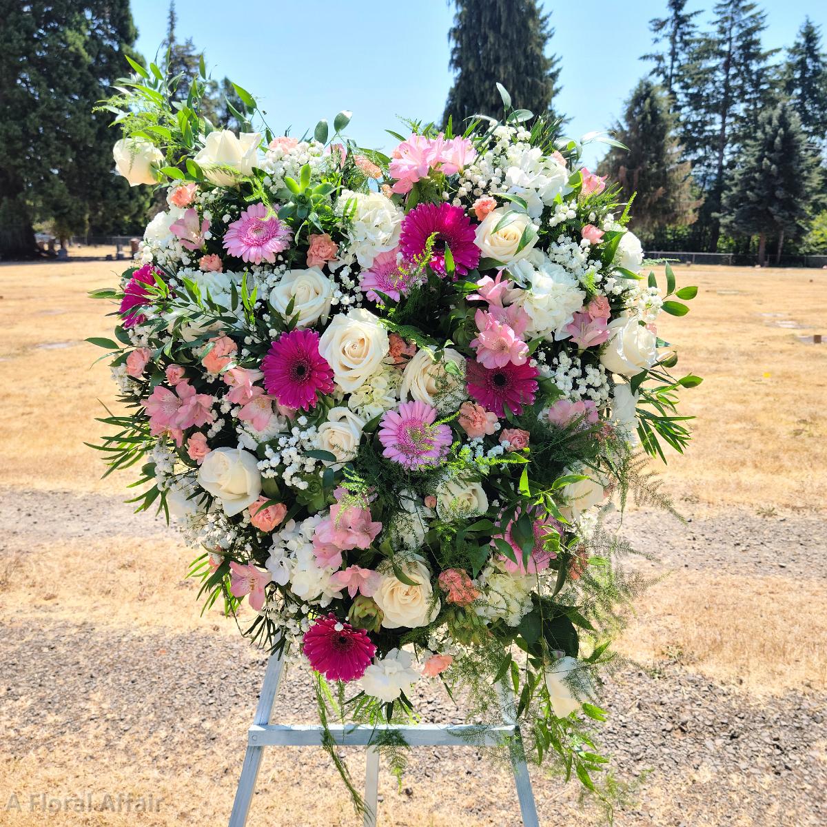 SY0076- Pink and White Solid Heart Easle Spray with soft ferns and babysbreath