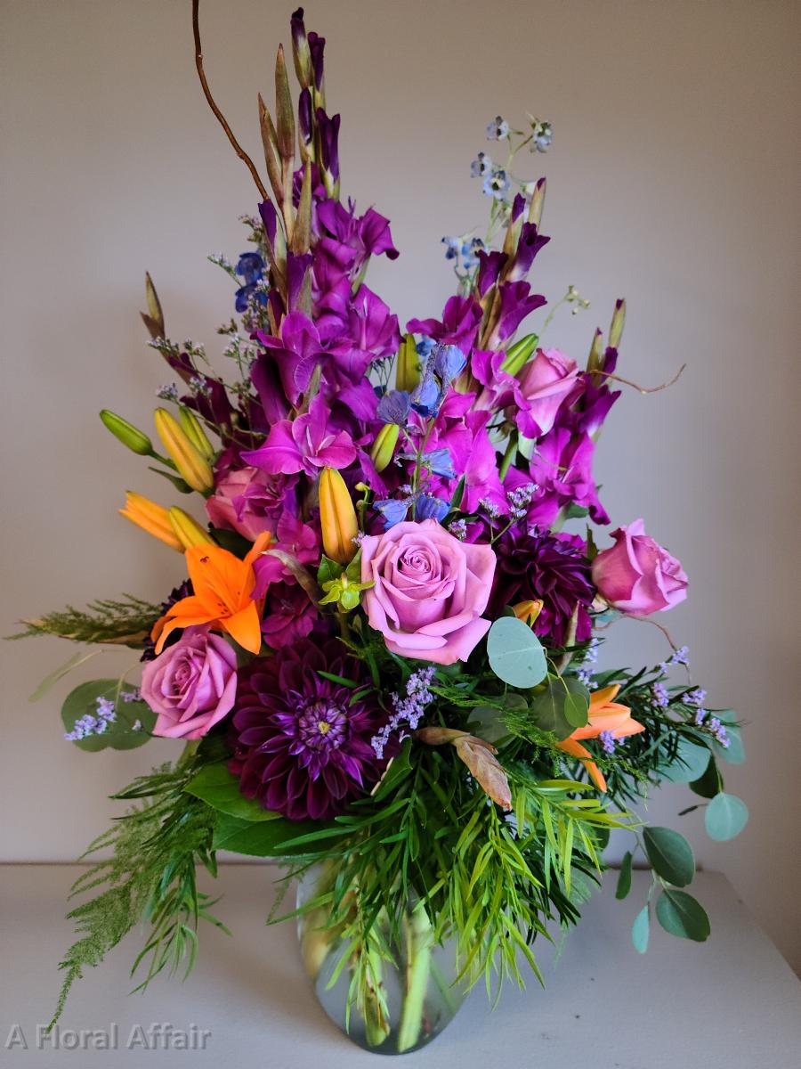SY0077- Purple, Orange, Blue Sympathy Arrangement with Dahlias, Lilies, Gladiolas