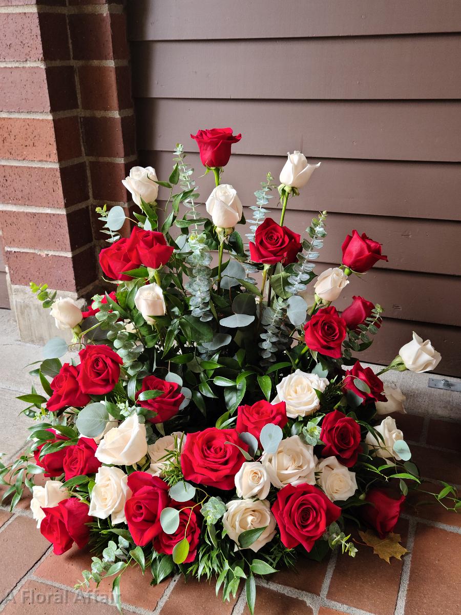 SY0082- Forever in Our Hearts Arrangment to Place Urn Inside with Red and White Roses