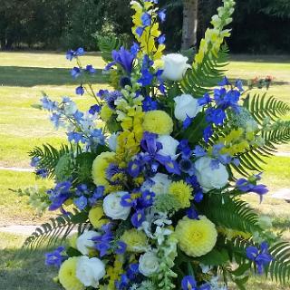 SY0060-Summer Blue, White and Yellow Funeral Spray