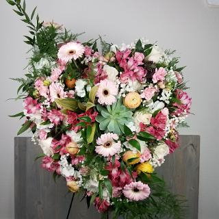 SY0067- Pink and Orange Flowers with Succulents on Heart Shaped Funeral Spray