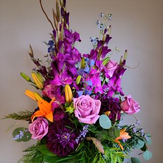 SY0077- Purple, Orange, Blue Sympathy Arrangement with Dahlias, Lilies, Gladiolas