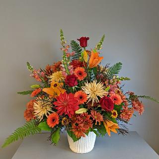 SY0099- Fall Funeral Arrangement with Oranges and Reds