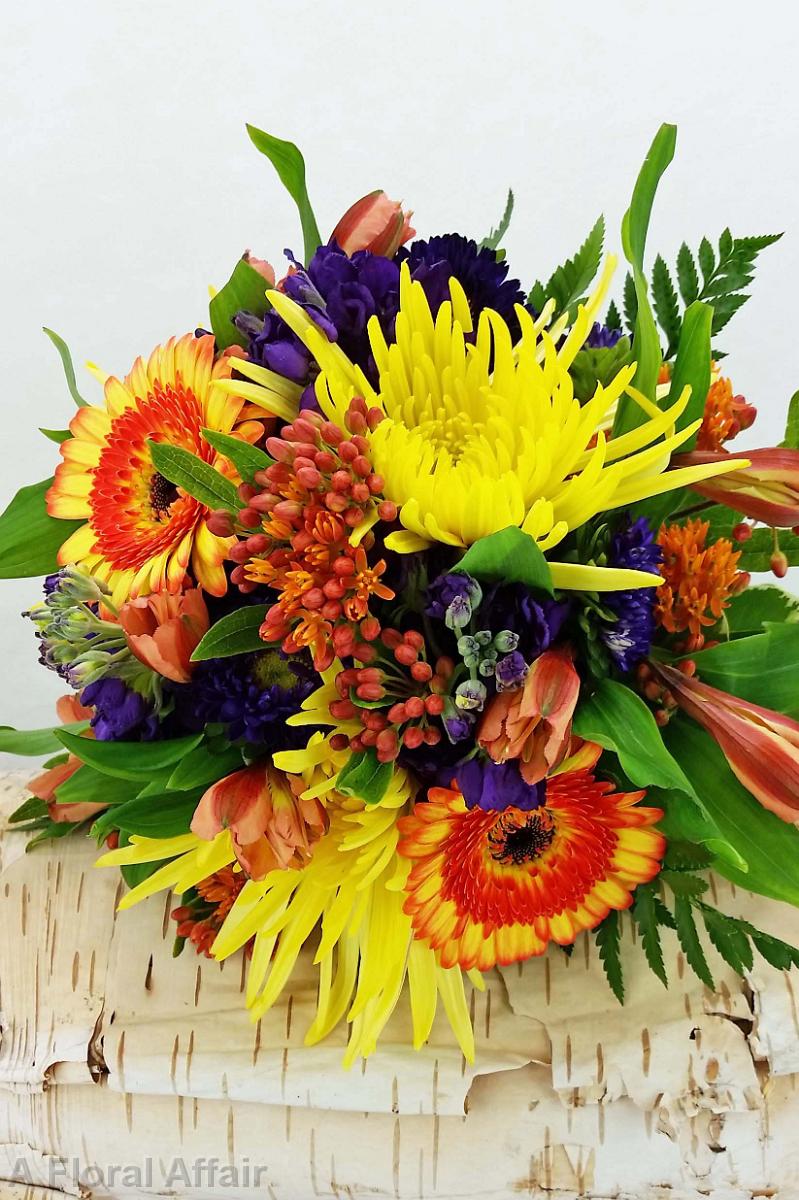 BB1219-Yellow, Orange and Purple Spider Mum Wedding Bouquet