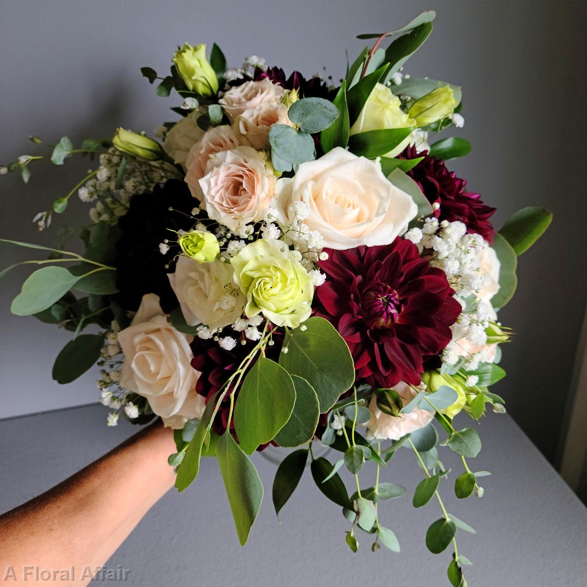 BB1605-Burgundy Dahlia and Light Blush Bridal Bouquet