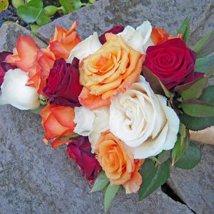 BB0295-Orange, Red, and Ivory Rose Arm Bouquet