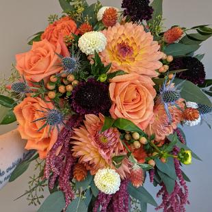 BB1687 - Peach and Burgundy Canscading Bridal Bouquet edited-1