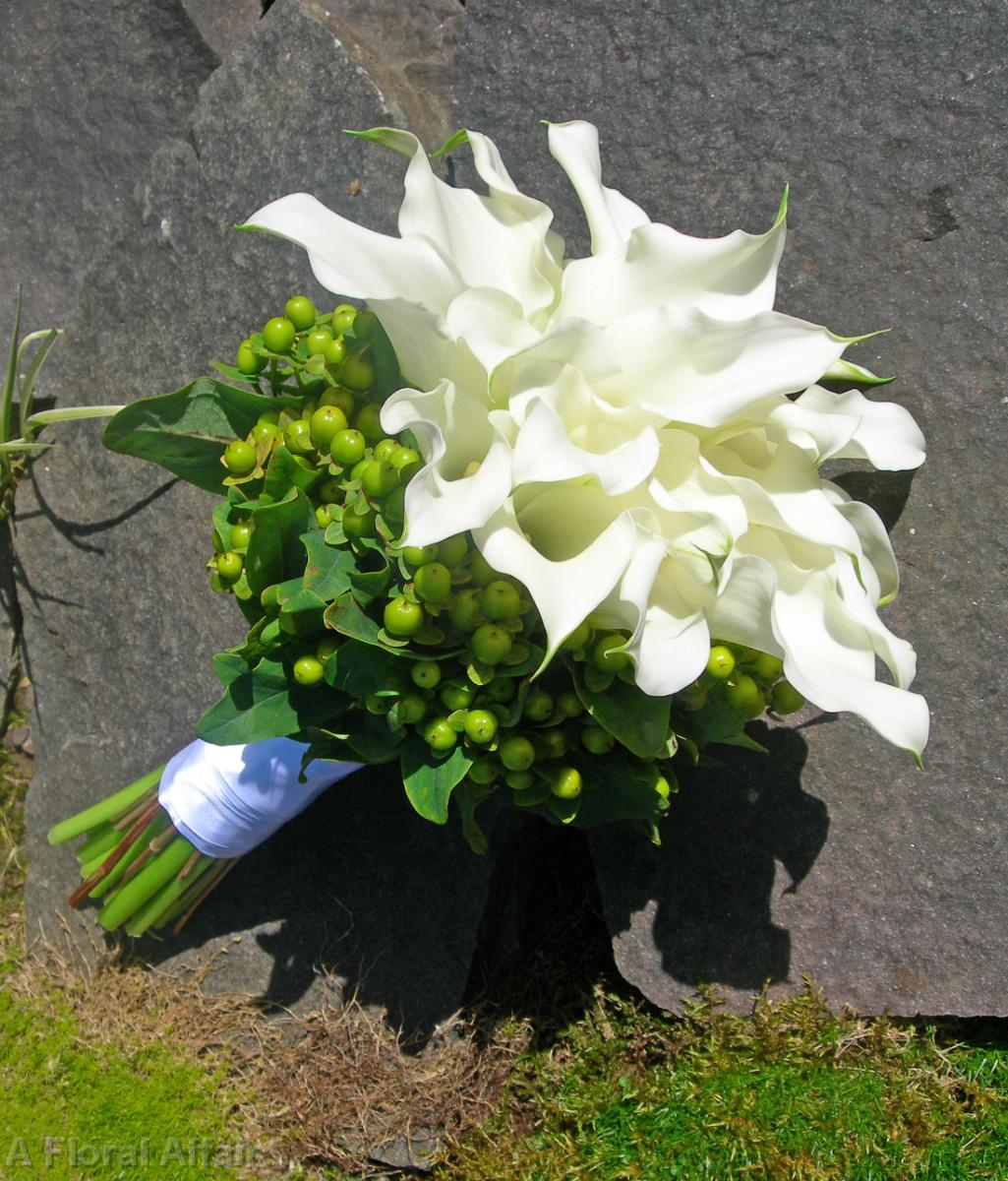 BB0192-White Mini Calla Lily and Green Hypericum Berry Bouquet