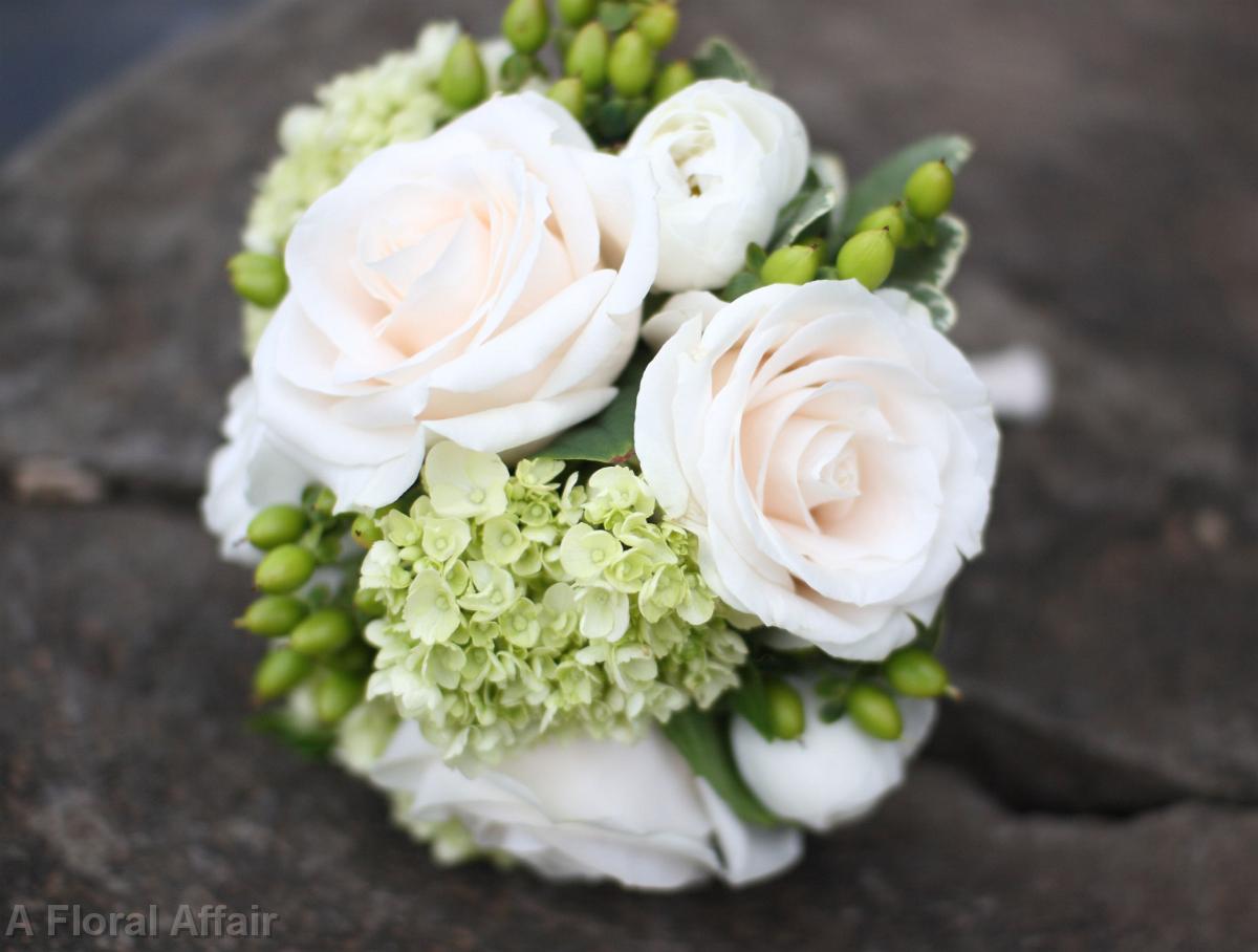BB0410-Small Green Hydrangea and Ivory Rose Wedding Bouquet